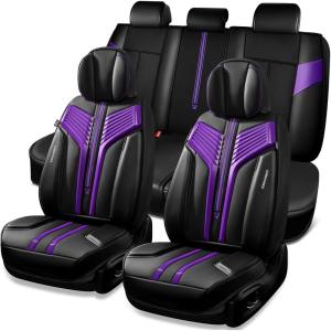 imageCAR PASS Nappa PU Leather Seat Covers Full Set Cushioned 3D Foam Leather seat Covers Waterproof LuxuryUniversal Fit for SUV Pickup Trucks Full Coverage Black and CharcoalBlack Purple