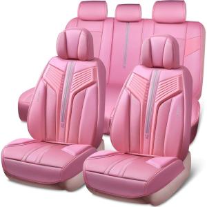 imageCAR PASS Nappa PU Leather Seat Covers Full Set Cushioned 3D Foam Leather seat Covers Waterproof LuxuryUniversal Fit for SUV Pickup Trucks Full Coverage Black and CharcoalPink