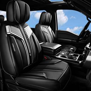 imageCAR PASS Nappa PU Leather Seat Covers Full Set Cushioned 3D Foam Leather seat Covers Waterproof LuxuryUniversal Fit for SUV Pickup Trucks Full Coverage Black and CharcoalBlack and Silver
