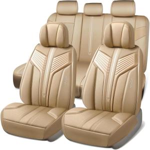 imageCAR PASS Nappa PU Leather Seat Covers Full Set Cushioned 3D Foam Leather seat Covers Waterproof LuxuryUniversal Fit for SUV Pickup Trucks Full Coverage Black and CharcoalFull Set Beige