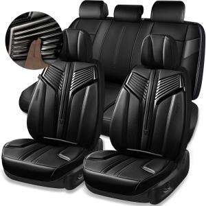 imageCAR PASS Nappa PU Leather Seat Covers Full Set Cushioned 3D Foam Leather seat Covers Waterproof LuxuryUniversal Fit for SUV Pickup Trucks Full Coverage Black and CharcoalBlack