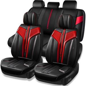 imageCAR PASS Nappa PU Leather Seat Covers Full Set Cushioned 3D Foam Leather seat Covers Waterproof LuxuryUniversal Fit for SUV Pickup Trucks Full Coverage Black and CharcoalBlack Red