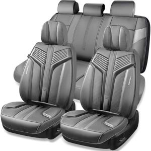 imageCAR PASS Nappa PU Leather Seat Covers Full Set Cushioned 3D Foam Leather seat Covers Waterproof LuxuryUniversal Fit for SUV Pickup Trucks Full Coverage Black and CharcoalGray