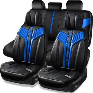 imageCAR PASS Nappa PU Leather Seat Covers Full Set Cushioned 3D Foam Leather seat Covers Waterproof LuxuryUniversal Fit for SUV Pickup Trucks Full Coverage Black and CharcoalBlack Blue