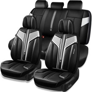 imageCAR PASS Nappa PU Leather Seat Covers Full Set Cushioned 3D Foam Leather seat Covers Waterproof LuxuryUniversal Fit for SUV Pickup Trucks Full Coverage Black and CharcoalBlack Silver