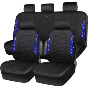 imageCAR PASS Oxford Bling Diamond Car Seat Covers Full Set Interior Sets Waterproof Shining Glitter Sparkly Crystal Universal Armrest Fit 95 Automotive Truck SUV Cute Women Girl Black Silver RhinestoneBule Rhinestone