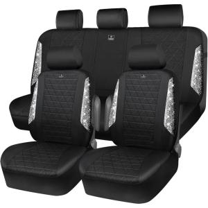 imageCAR PASS Oxford Bling Diamond Car Seat Covers Full Set Interior Sets Waterproof Shining Glitter Sparkly Crystal Universal Armrest Fit 95 Automotive Truck SUV Cute Women Girl Black Silver RhinestoneSilver Rhinestone