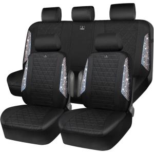 imageCAR PASS Oxford Bling Diamond Car Seat Covers Full Set Interior Sets Waterproof Shining Glitter Sparkly Crystal Universal Armrest Fit 95 Automotive Truck SUV Cute Women Girl Black Silver RhinestoneMulticolor