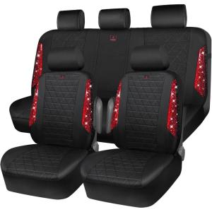 imageCAR PASS Oxford Bling Diamond Car Seat Covers Full Set Interior Sets Waterproof Shining Glitter Sparkly Crystal Universal Armrest Fit 95 Automotive Truck SUV Cute Women Girl Black Silver RhinestoneRed Rhinestone