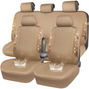 imageCAR PASS Oxford Bling Diamond Car Seat Covers Full Set Interior Sets Waterproof Shining Glitter Sparkly Crystal Universal Armrest Fit 95 Automotive Truck SUV Cute Women Girl Black Silver RhinestoneBeige Rhinestone