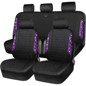 imageCAR PASS Oxford Bling Diamond Car Seat Covers Full Set Interior Sets Waterproof Shining Glitter Sparkly Crystal Universal Armrest Fit 95 Automotive Truck SUV Cute Women Girl Black Silver RhinestonePurple