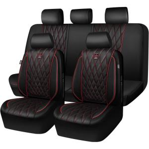 imageCAR PASS Piping Luxury Faux PU Leather Two Front Car Seat Covers Waterproof Anti Slip Seat Covers Compatible with Front Seat ArmrestsUniversal Fit for SuvsVansTrucks Airbag CompatibleAll BlackBlackRed
