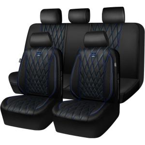 imageCAR PASS Piping Luxury Faux PU Leather Two Front Car Seat Covers Waterproof Anti Slip Seat Covers Compatible with Front Seat ArmrestsUniversal Fit for SuvsVansTrucks Airbag CompatibleAll BlackBlackBlue