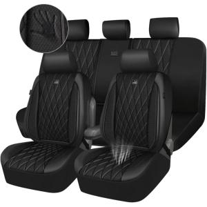 imageCAR PASS Piping Luxury Faux PU Leather Two Front Car Seat Covers Waterproof Anti Slip Seat Covers Compatible with Front Seat ArmrestsUniversal Fit for SuvsVansTrucks Airbag CompatibleAll BlackPure Black Mesh Foam