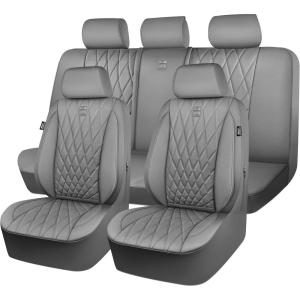 imageCAR PASS Piping Luxury Faux PU Leather Two Front Car Seat Covers Waterproof Anti Slip Seat Covers Compatible with Front Seat ArmrestsUniversal Fit for SuvsVansTrucks Airbag CompatibleAll BlackPure Gray