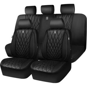 imageCAR PASS Piping Luxury Faux PU Leather Two Front Car Seat Covers Waterproof Anti Slip Seat Covers Compatible with Front Seat ArmrestsUniversal Fit for SuvsVansTrucks Airbag CompatibleAll BlackPure Black