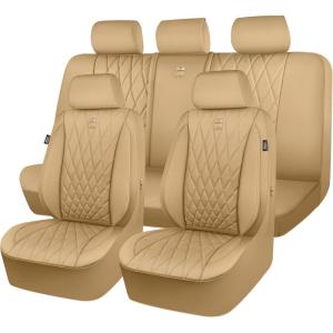 imageCAR PASS Piping Luxury Faux PU Leather Two Front Car Seat Covers Waterproof Anti Slip Seat Covers Compatible with Front Seat ArmrestsUniversal Fit for SuvsVansTrucks Airbag CompatibleAll BlackPure Beige