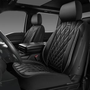 imageCAR PASS Piping Luxury Faux PU Leather Two Front Car Seat Covers Waterproof Anti Slip Seat Covers Compatible with Front Seat ArmrestsUniversal Fit for SuvsVansTrucks Airbag CompatibleAll BlackBlack and Silver