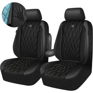 imageCAR PASS Piping Luxury Faux PU Leather Two Front Car Seat Covers Waterproof Anti Slip Seat Covers Compatible with Front Seat ArmrestsUniversal Fit for SuvsVansTrucks Airbag CompatibleAll BlackAll Black Foam
