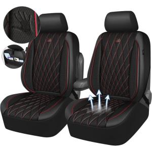 imageCAR PASS Piping Luxury Faux PU Leather Two Front Car Seat Covers Waterproof Anti Slip Seat Covers Compatible with Front Seat ArmrestsUniversal Fit for SuvsVansTrucks Airbag CompatibleAll BlackBlack and Red Mesh Foam