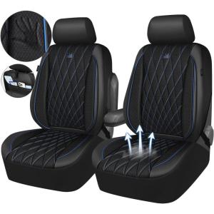 imageCAR PASS Piping Luxury Faux PU Leather Two Front Car Seat Covers Waterproof Anti Slip Seat Covers Compatible with Front Seat ArmrestsUniversal Fit for SuvsVansTrucks Airbag CompatibleAll BlackBlack Blue Mesh Foam