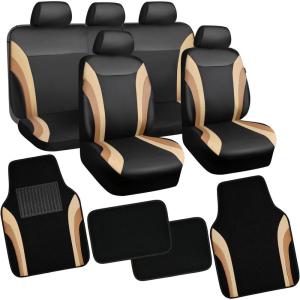 imageCAR PASS Premium Carbon Fiber Leather Car Seat Covers Full Set and Waterproof Car Floor MatsAirbag CompatibleAutomotive Interior Covers for SedansTrucksVansSUV with Car Carpet MatsBlackBlack and Beige