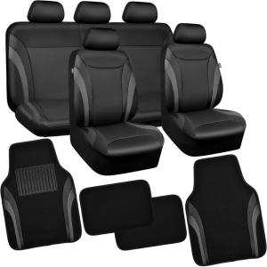 imageCAR PASS Premium Carbon Fiber Leather Car Seat Covers Full Set and Waterproof Car Floor MatsAirbag CompatibleAutomotive Interior Covers for SedansTrucksVansSUV with Car Carpet MatsBlackBlack
