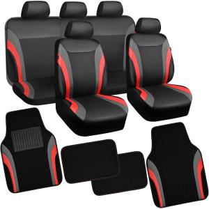 imageCAR PASS Premium Carbon Fiber Leather Car Seat Covers Full Set and Waterproof Car Floor MatsAirbag CompatibleAutomotive Interior Covers for SedansTrucksVansSUV with Car Carpet MatsBlackBlack and Red