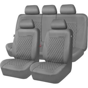 imageCAR PASS Quilting Leather Seat Cover Two Front Seats Only Universal Fit Automotive Front Seat Covers Waterproof Deluxe PU Premium Vinyl Luxury for Cars Sedan Van SUV Airbag Compatible 2 PiecesBlackPure Gray
