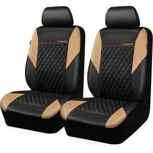 imageCAR PASS Quilting Leather Seat Cover Two Front Seats Only Universal Fit Automotive Front Seat Covers Waterproof Deluxe PU Premium Vinyl Luxury for Cars Sedan Van SUV Airbag Compatible 2 PiecesBlackBlackBeige