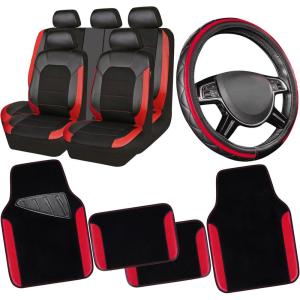 imageCAR PASS Rainbow Waterproof Universal Fit Faux Leather Car Carpet AntiSlip Nibbed Backing Floor Mats for SUV VansSedansTrucks Automotive Set of 4 for WomenampampCute Girly Black with PinkRed Combo leaher