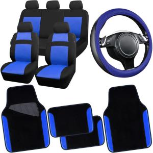 imageCAR PASS Rainbow Waterproof Universal Fit Faux Leather Car Carpet AntiSlip Nibbed Backing Floor Mats for SUV VansSedansTrucks Automotive Set of 4 for WomenampampCute Girly Black with PinkBlue Combo