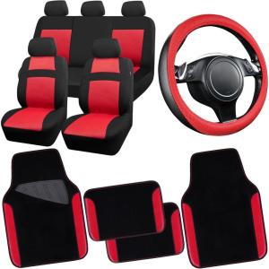 imageCAR PASS Rainbow Waterproof Universal Fit Faux Leather Car Carpet AntiSlip Nibbed Backing Floor Mats for SUV VansSedansTrucks Automotive Set of 4 for WomenampampCute Girly Black with PinkRed Combo