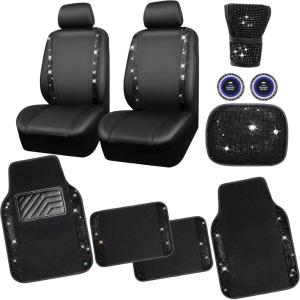 imageCAR PASS Rhinestone Bling Car Seat Covers Leather Shining Diamond Car Floor Mats Carpet Waterproof AntiSlip Nibs Bling Car Accessories Interior Sets for Women Silver Glitter White Sparkly CrystalBlack
