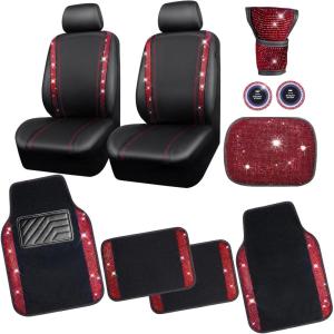 imageCAR PASS Rhinestone Bling Car Seat Covers Leather Shining Diamond Car Floor Mats Carpet Waterproof AntiSlip Nibs Bling Car Accessories Interior Sets for Women Silver Glitter White Sparkly CrystalRed