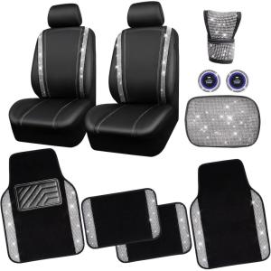 imageCAR PASS Rhinestone Bling Car Seat Covers Leather Shining Diamond Car Floor Mats Carpet Waterproof AntiSlip Nibs Bling Car Accessories Interior Sets for Women Silver Glitter White Sparkly CrystalSilver