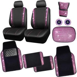 imageCAR PASS Rhinestone Bling Car Seat Covers Leather Shining Diamond Car Floor Mats Carpet Waterproof AntiSlip Nibs Bling Car Accessories Interior Sets for Women Silver Glitter White Sparkly CrystalPink