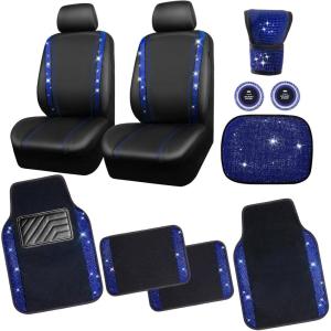 imageCAR PASS Rhinestone Bling Car Seat Covers Leather Shining Diamond Car Floor Mats Carpet Waterproof AntiSlip Nibs Bling Car Accessories Interior Sets for Women Silver Glitter White Sparkly CrystalBlue
