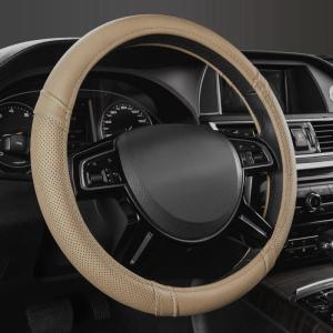 imageCAR PASS Sporty Quilting Leather Universal Fit Steering Wheel CoverFit for SuvsVansSedansTrucks for 147quot to 15quotBlack ampamp GrayPure Beige