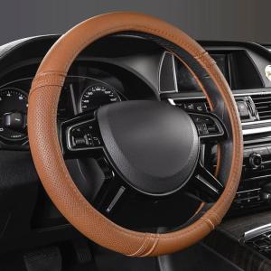 imageCAR PASS Sporty Quilting Leather Universal Fit Steering Wheel CoverFit for SuvsVansSedansTrucks for 147quot to 15quotBlack ampamp GrayPure Brown