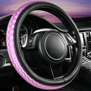 imageCAR PASS Sporty Quilting Leather Universal Fit Steering Wheel CoverFit for SuvsVansSedansTrucks for 147quot to 15quotBlack ampamp Graypurple