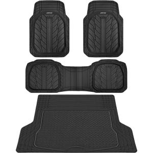 imageCAR PASS Tire Tread DeepDish Rubber Floor Mats for car Heavy Duty car mats All Weather Universal XLM Trim to Fit for Truck SUV Vehicle Automotive Waterproof car mats 3 Piece red BlackAll Black Cargo Liner