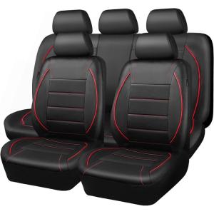 imageCAR PASS Universal FIT Piping Leather Two Front Seat Covers Waterproof Faux Leather for SUV Sedan Van Truck Airbag CompatibleReserved Opening Holes for Headrest Covers Black redRed Black