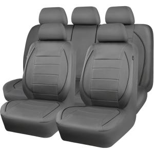 imageCAR PASS Universal FIT Piping Leather Two Front Seat Covers Waterproof Faux Leather for SUV Sedan Van Truck Airbag CompatibleReserved Opening Holes for Headrest Covers Black redGrey with charcoal stripes