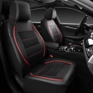 imageCAR PASS Universal FIT Piping Leather Two Front Seat Covers Waterproof Faux Leather for SUV Sedan Van Truck Airbag CompatibleReserved Opening Holes for Headrest Covers Black redBlack Red