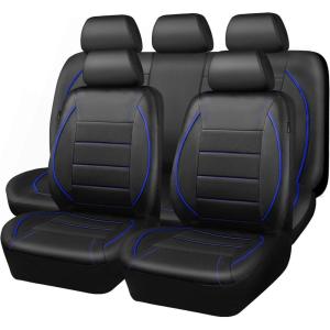 imageCAR PASS Universal FIT Piping Leather Two Front Seat Covers Waterproof Faux Leather for SUV Sedan Van Truck Airbag CompatibleReserved Opening Holes for Headrest Covers Black redBlue Black