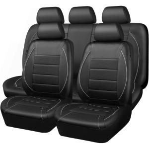 imageCAR PASS Universal FIT Piping Leather Two Front Seat Covers Waterproof Faux Leather for SUV Sedan Van Truck Airbag CompatibleReserved Opening Holes for Headrest Covers Black redFull Set Black Grey