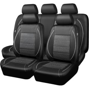 imageCAR PASS Universal FIT Piping Leather Two Front Seat Covers Waterproof Faux Leather for SUV Sedan Van Truck Airbag CompatibleReserved Opening Holes for Headrest Covers Black redBlack and Sliver