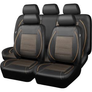 imageCAR PASS Universal FIT Piping Leather Two Front Seat Covers Waterproof Faux Leather for SUV Sedan Van Truck Airbag CompatibleReserved Opening Holes for Headrest Covers Black redBlack and Gold
