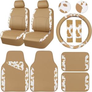 imageCAR PASS Waterproof Universal Fit Car Floor Mats Car Mats Fit for SUVVanssedans TrucksSet of 4pcs Car Carpet with Driver Heel Pad BeigeCow Print Beige